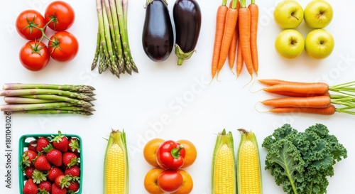 Fresh and colorful assortment of fruits and vegetables on white background