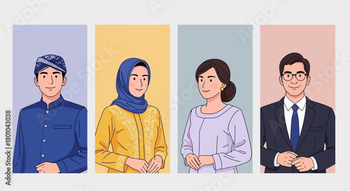 Four diverse individuals in traditional and modern attire, representing different cultures and professions.