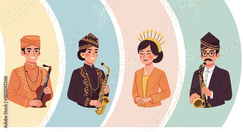 Illustration of four people in traditional clothing playing musical instruments.