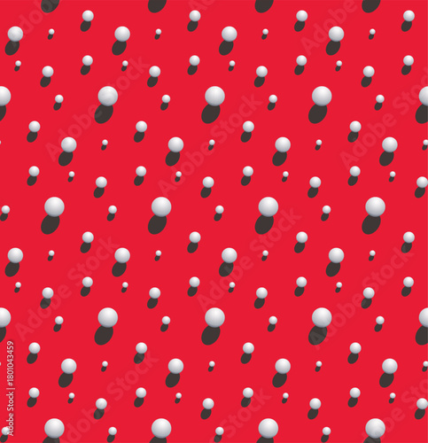 Red seamless pattern with scattered 3D white spheres and realistic shadows