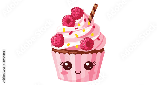 Adorable kawaii pink cupcake with raspberries, sprinkles, and a wafer stick, featuring a sweet smiling face on its wrapper.