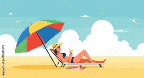 A woman in a sun hat and swimsuit relaxes on a beach chair under a colorful umbrella, enjoying a tropical drink on a sunny day.