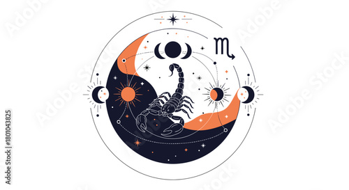 Mystical Scorpio zodiac symbol featuring a stylized scorpion, sun, moon phases, and stars within an ornate celestial circular design.