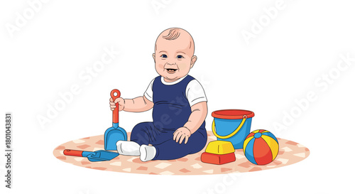 An adorable baby dressed in blue, happily playing with colorful beach toys like a spade, bucket, and ball on a patterned mat.
