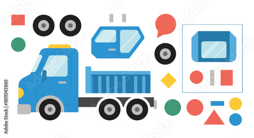 A blue dump truck is presented in disassembled parts with various colorful geometric shapes, representing a build-it-yourself toy concept.