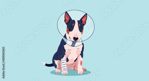 An injured Bull Terrier dog sits patiently wearing a protective Elizabethan collar and bandages on a light blue background, recovering from its wounds.