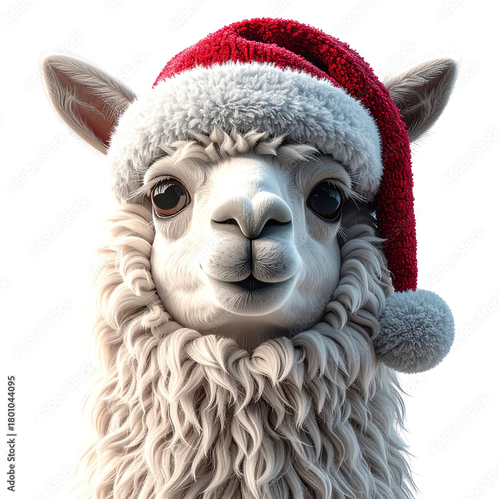 Obraz premium Fluffy white animal portrait wearing a festive red and white winter hat, clipart, isolated on a transparent background.