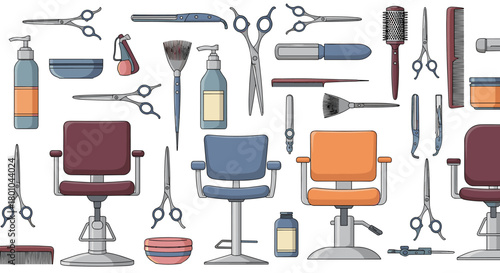 A comprehensive collection of hairdressing and barber tools, including scissors, combs, brushes, and salon chairs, presented in a clean, flat design.