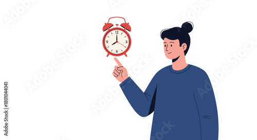 A young person with a bun hairstyle wears a blue shirt and points up at a red alarm clock, symbolizing time management and scheduling.