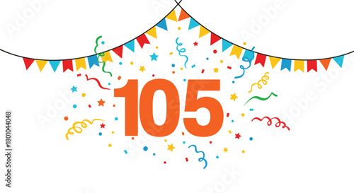 A festive illustration displaying the number 105 amidst an explosion of colorful confetti and streamers, complemented by party bunting, ideal for celebrations.