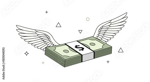A minimalist illustration of a stack of money bills with wings, representing financial loss, expenses, or money quickly disappearing.