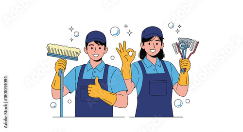 Two smiling professional cleaners, a man holding a broom and a woman holding brushes, give thumbs-up and OK gestures, ready for work.