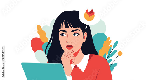 Thoughtful young woman with dark hair contemplating new ideas, symbolized by a flame in her thought bubble, while working on her laptop.