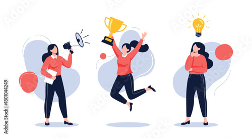 Businesswoman illustrating key concepts of idea generation, effective communication, and celebrating triumphant success with a trophy.
