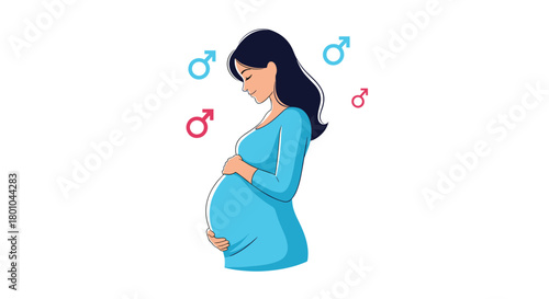 Pregnant woman gently holding her belly, surrounded by blue and red male gender symbols, suggesting the anticipation of a baby boy.