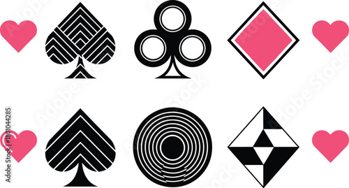 Stylized Playing Card Suits Icons Set with Abstract Patterns for Game, Casino, and Modern Design Vector.