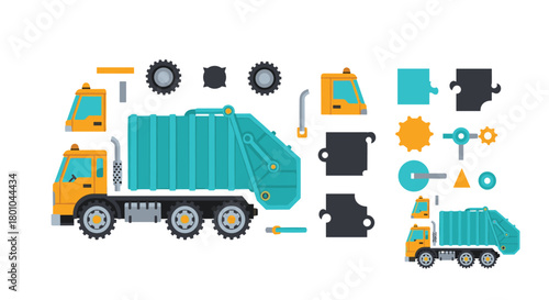 An illustration of a garbage truck in disassembled parts and as a complete vehicle, with additional puzzle pieces and mechanical components.
