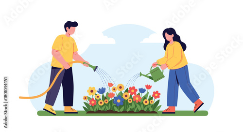 A man and a woman are diligently gardening, watering a vibrant bed of colorful flowers with a hose and a watering can.