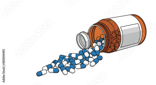 A brown prescription bottle is tipped on its side, spilling numerous blue and white medical capsules onto a clean white surface.