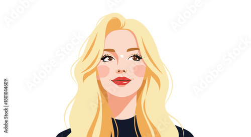 Beautiful digital illustration of a young blonde woman with a gentle smile and rosy cheeks, looking slightly upward, on a white background.