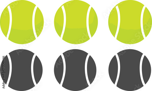 Vibrant Neon Yellow Tennis Balls and Silhouette Icons Set for Sports, Fitness, and Game Design Vector.