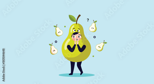 A bewildered person in a pear costume stands surrounded by floating pears, contemplating identity or choice.