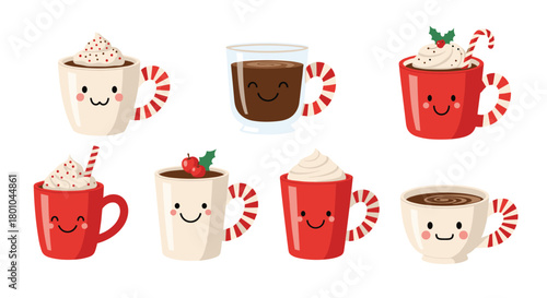 Adorable cartoon mugs filled with hot chocolate and coffee, featuring sweet smiling faces, whipped cream, and candy cane handles for festive holiday cheer.