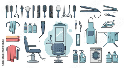 A comprehensive collection of hair salon and barbershop tools, along with laundry equipment, illustrating professional grooming services.