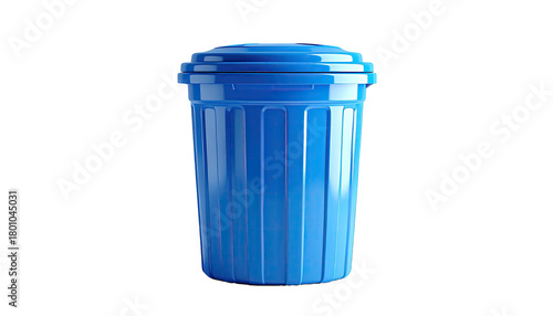 Blue plastic trashcan with lid, central, clean, against black