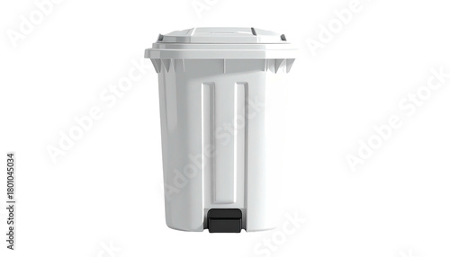 White plastic trash can, lid on, with foot pedal