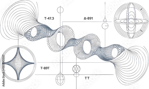 Abstract 3D Fluid Dynamics or Energy Flow Blueprint Vector Schematic