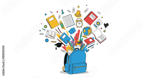 An illustration of school supplies and educational items energetically bursting out of a blue backpack, symbolizing learning and academic readiness.