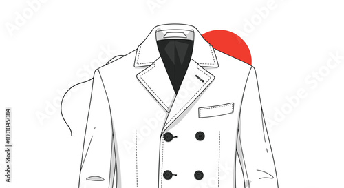 Minimalist line art illustration of a classic white double-breasted coat featuring black buttons and tailored details, accented by a red shape.