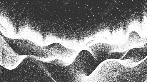 Abstract monochrome textured landscape with grainy dunes and starry sky sand