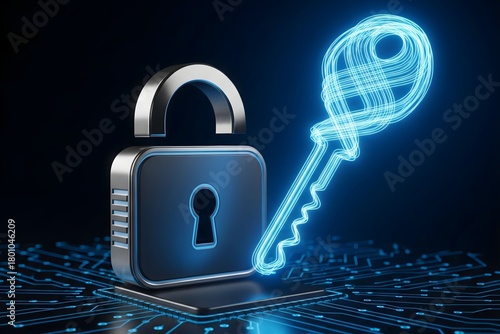Minimalist Futuristic Digital Lock and Key on Abstract Circuit Board Background, Symbolizing Security and Privacy