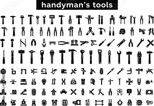Handyman tools icon set for repair, construction, maintenance, DIY, black silhouettes, hardware, workshop, tool reference grid