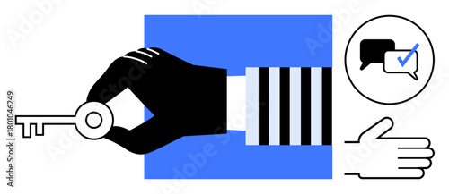 Hand grasping key, open palm gesture, chat bubble with check mark. Ideal for security, trust, communication, collaboration, agreements accessibility innovation. Simple flat metaphor
