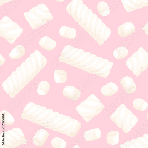 White marshmallows on pink background. Sweets seamless pattern. Vector cartoon flat illustration.