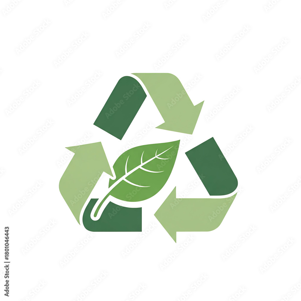 Obraz premium Green recycling symbol with a leaf in the center on a black background