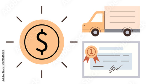 Coin with dollar sign, delivery truck, and award certificate with ribbon. Ideal for finance, logistics, e-commerce, certification, reward programs business growth trust-building. Simple flat