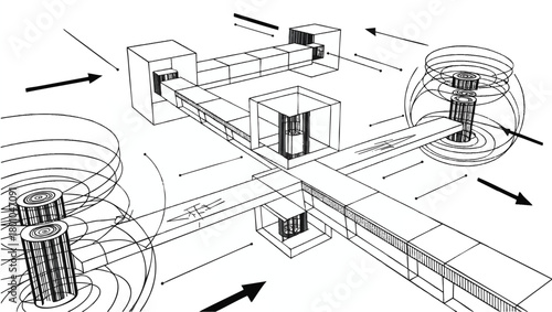 Complex Engineering System Blueprint Vector High Tech Architecture and Data Flow Diagram