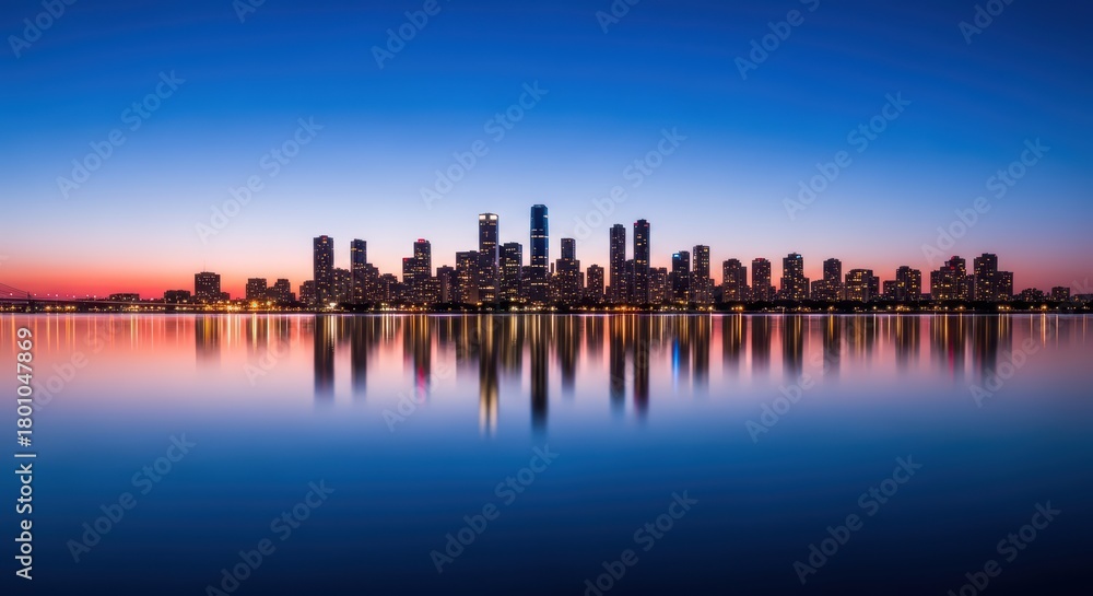Fototapeta premium Serene skyline reflection of a dusk cityscape over calm water