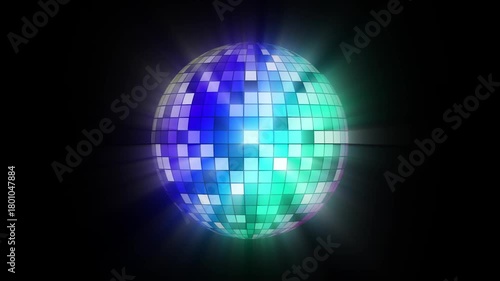 Disco Ball with Reflected Moving Rays Rotating. Mirror disco ball in colourfull light. looped 3d Animation of Discoball Turning at Abstract Discotheque. Loop-able Isolated Retro Mirrorball Motion.