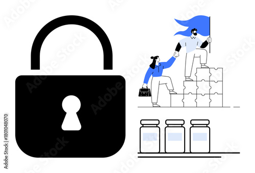 Large black lock symbolizes security, two people climbing puzzle stairs represent teamwork, and three jars indicate technology or innovation. Ideal for safety, protection, teamwork, technology