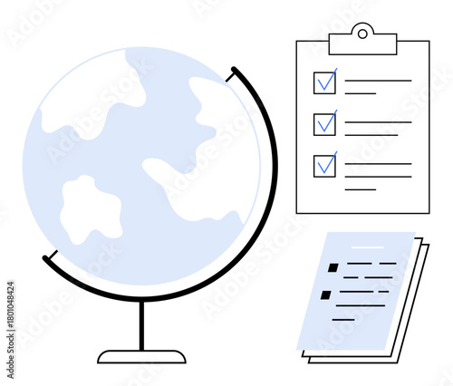 Globe representing worldwide context, checklist for tasks, papers for plans. Ideal for global strategy, education, planning, productivity, research organization and teamwork. Simple flat metaphor