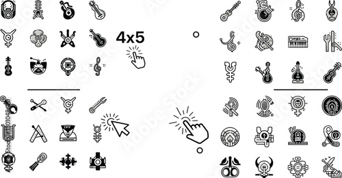 Interactive 4x5 grid icon puzzle with science, music, tools, abstract symbols for cognitive training, education, and visual categorization