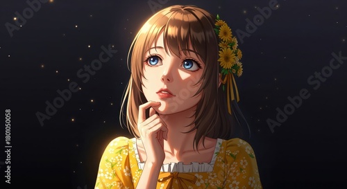 Daydreamer's gaze under the stars: A beautiful person gazes at the starlit sky, her expression a mix of contemplation and wonder, a moment of peaceful reverie amid the celestial beauty.