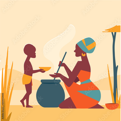 Warm African Mother Serving Food to Child in Traditional Village Vector Illustration