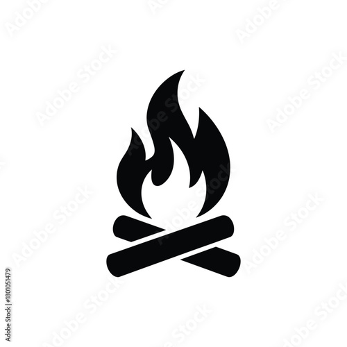 Minimal campfire icon with flames and crossed logs, simple black and white outdoor fire symbol for camping and adventure designs
