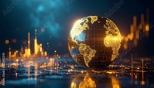 A golden globe with glowing financial charts representing global banking for the International Day of Banks.